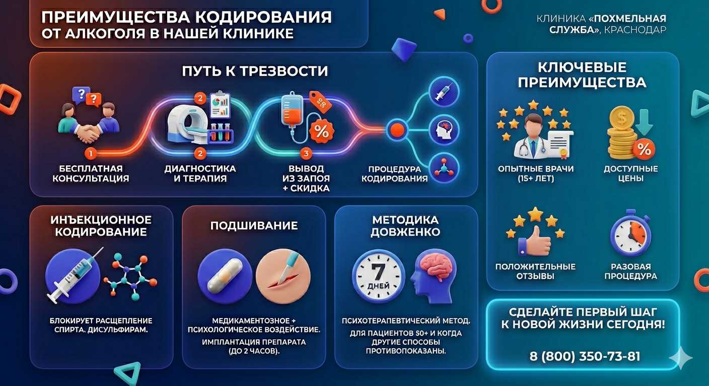 Инфографика о методах кодирования от алкоголя в Сибирском: инъекции, подшивание, метод Довженко. Преимущества клиники и этапы лечения.