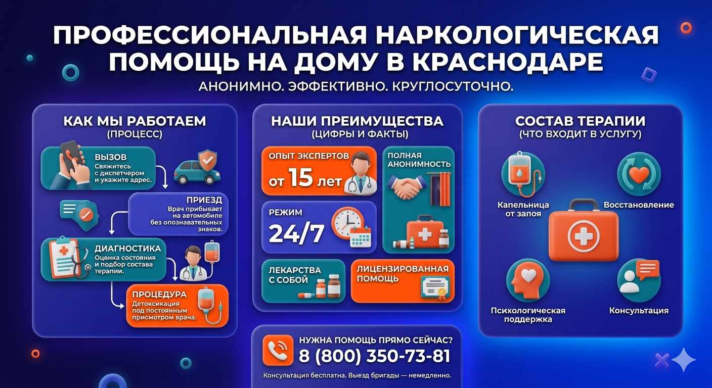 Инфографика о принципах лечения алкоголизма на дому в Сибирском: этапы вызова нарколога, преимущества анонимной детоксикации и состав медицинской помощи.